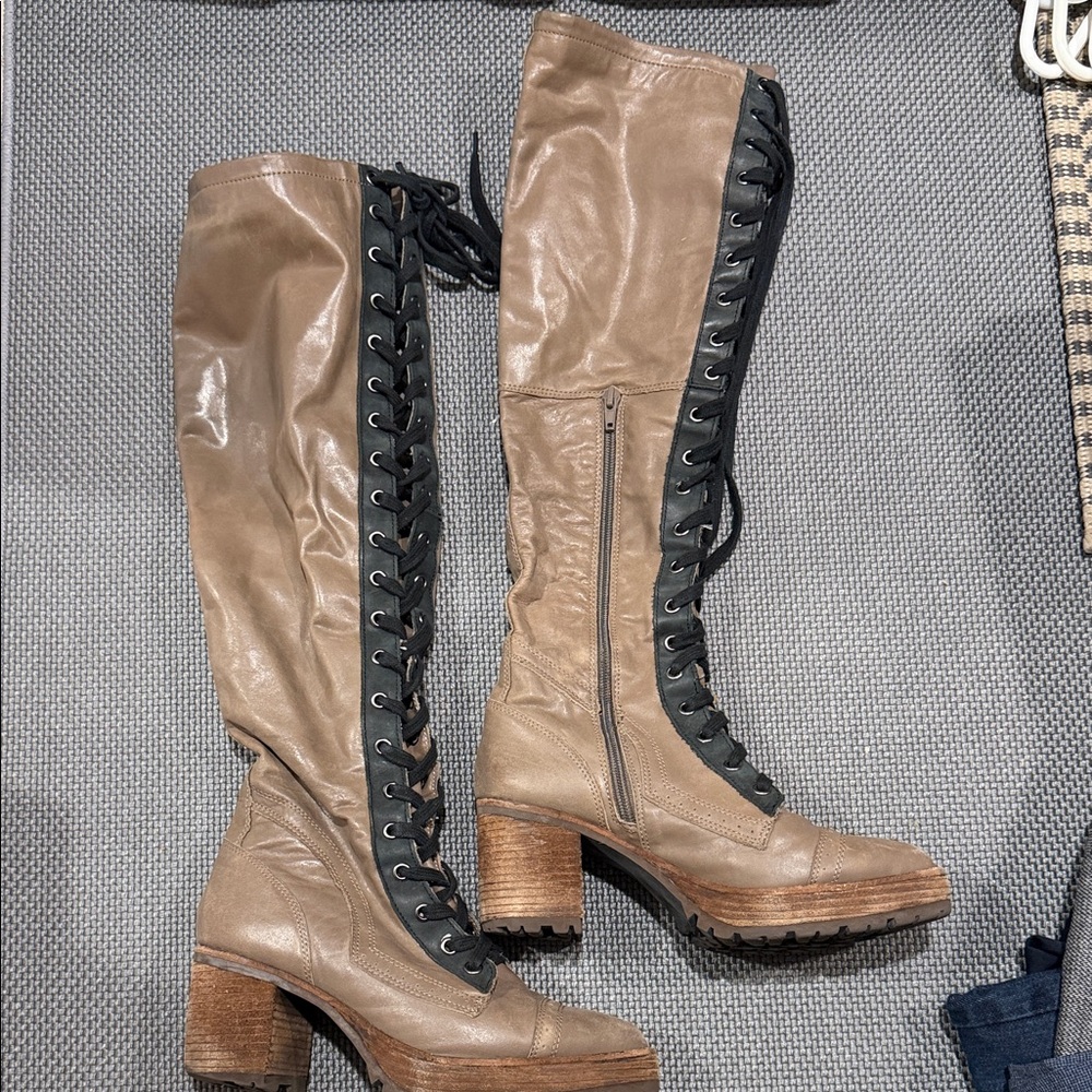 Jeffrey Campbell Taupe and Black Lace-Up Knee-High Block Heel Boots